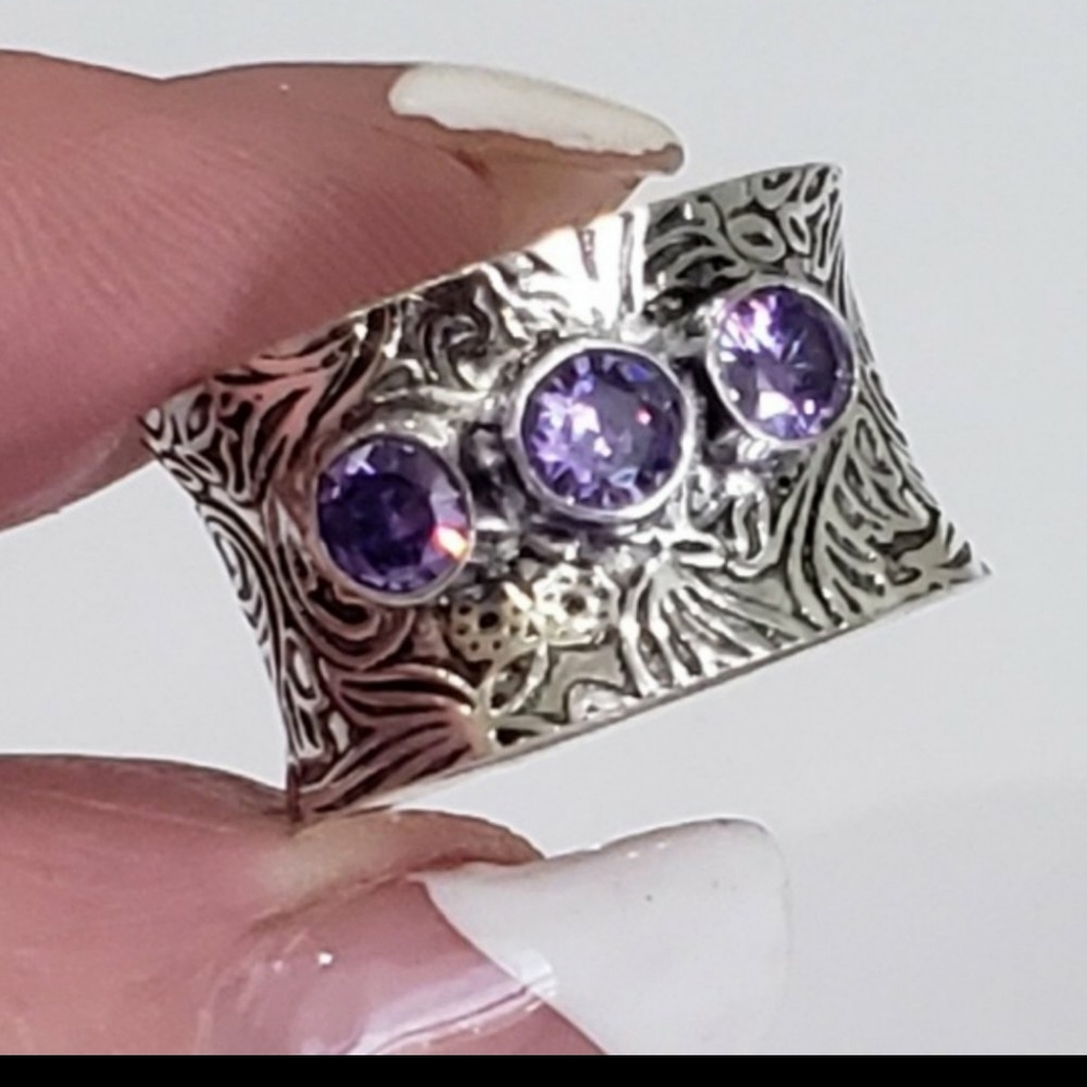 Amethyst ring, 925 silver amethyst ring, silver amethyst wide band ring - Picture 12 of 12